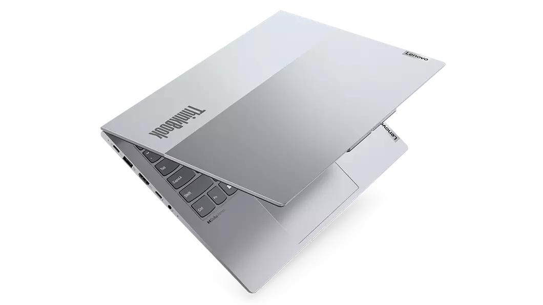 Top cover of Lenovo ThinkBook 14 Gen 4+ laptop showcasing dual-tone Arctic Grey color.
