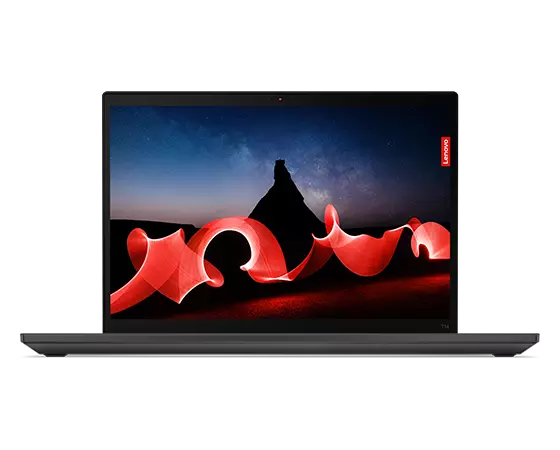 Front-facing Lenovo ThinkPad T14 Gen 4 laptop focusing on 14 inch display.