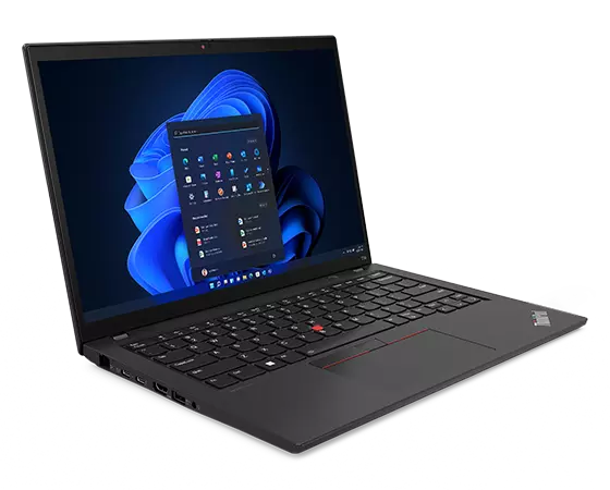 Lenovo ThinkPad T14 Gen 4 (14" Intel) Notebook, um 90 Grad geöffnet, schräg mit Blick auf die Anschlüsse auf der linken Seite, die Tastatur und das Display.