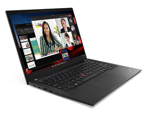 Lenovo ThinkPad T14s laptop: Left-front view, lid open, with a video conference on the display