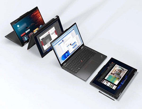 Mehre ThinkPad X13 Yoga Gen 4 2-in-1-Notebooks in den Modi Tablet, Notebook, Tent und Stand (von rechts nach links)