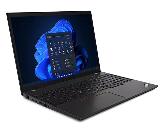 Lenovo ThinkPad T16 Gen 2 (14ʺ Intel) laptop open 90 degrees, angled to show left-side ports, keyboard & display.