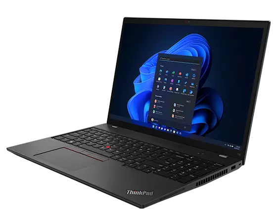 Vue aérienne du portable Lenovo ThinkPad T16 Gen 2 (16 ʺ Intel) ouvert à 90 degrés, en angle pour montrer les ports du côté droit, le clavier et l’écran.