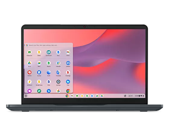 Lenovo 14e Chromebook (14” Intel) – front view, straight-on so as to not show keyboard, with lid open and Chrome menu on the display