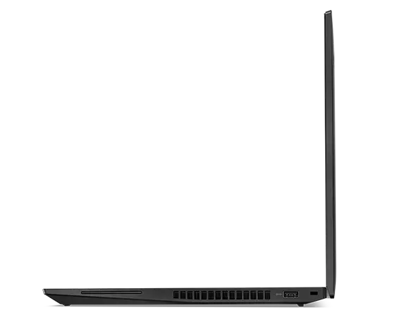 Right-side profile of the Lenovo ThinkPad T16 Gen 2 laptop open 90 degrees. 