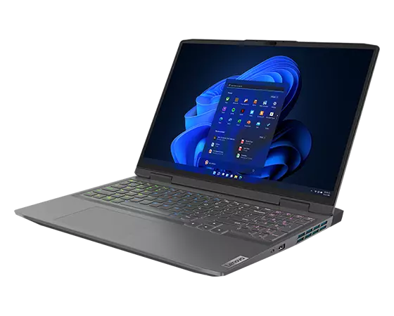 Lenovo LOQ 16IRH8 gaming laptop—front-right view, lid open, with Windows menu on the display