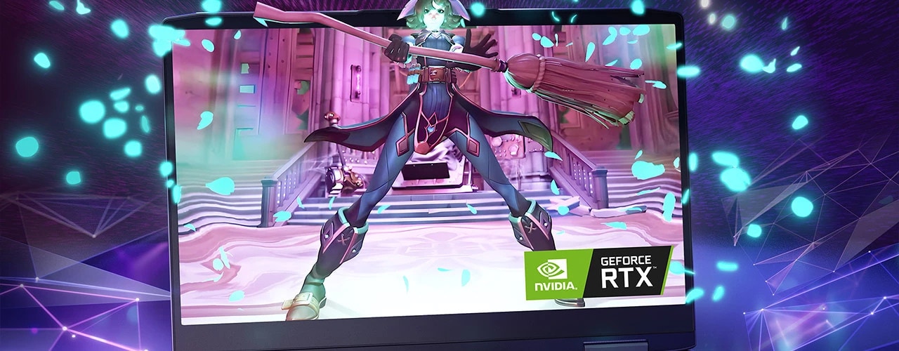 Lenovo LOQ 16IRH8 gaming laptop—closeup of display with gaming graphics showing a witch/magician character holding a broom and appearing to come out of the display, plus a logo for NVIDIA® GeForce RTX™ Graphics