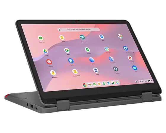A Lenovo 500e Yoga Chromebook Gen 4 2-in-1 in stand mode, open 75° & viewed eye-level from front-left