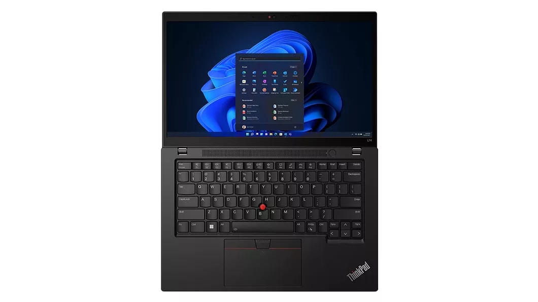 Lenovo ThinkPad L14 Gen 4 (14, AMD) laptop – front view from above, lid open 180 degrees with search window over blue wavy background
