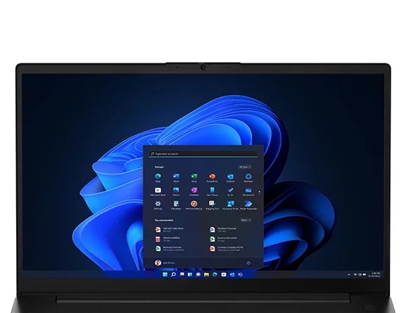 Front-facing Lenovo V15 Gen 4 laptop in Basic Black, showcasing 15 display with Windows 11 Pro.