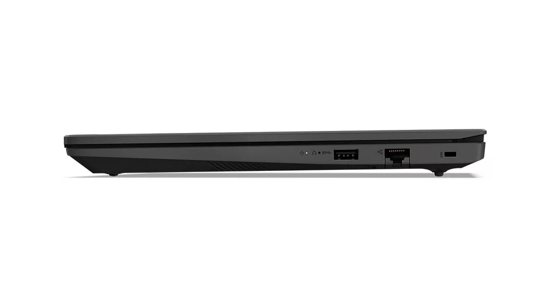 Right side ports on the Lenovo V14 Gen 4 laptop in Business Black, closed cover.