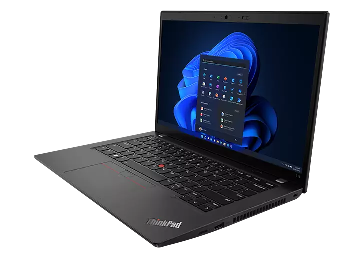 Lenovo ThinkPad L14 Gen 4 (14, AMD) laptop – front right view, lid open with search window over blue wavy background