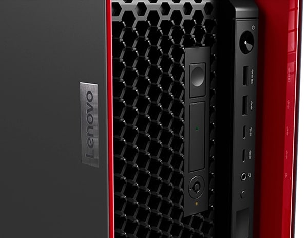 Close up of Lenovo ThinkStation P5 workstation, focusing on Lenovo logo, power button, & front ports