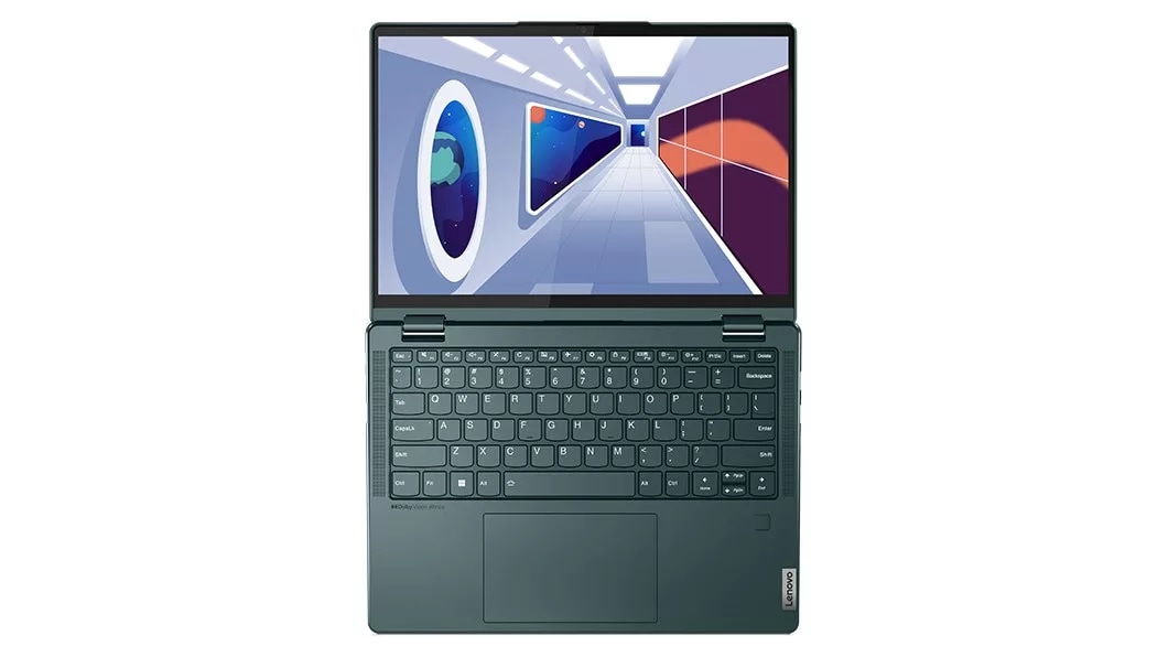 Birdseye view of Yoga 6 Gen 8 laptop in 180-degree mode