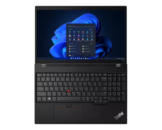 Lenovo ThinkPad L15 Gen 4 (15” Intel) laptop—view from above, lid open 180 degrees, with Windows menu on the display