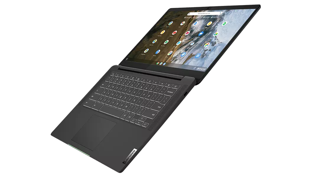 Vista derecha superior de la vista superior del Chromebook IdeaPad 5i de 6.ª generación (14”, Intel) abierto 180 grados, que muestra el teclado, la pantalla y el panel táctil