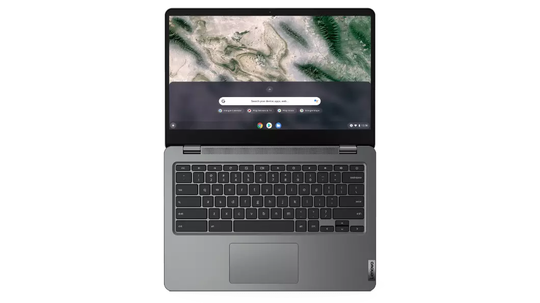 Vista de la pantalla y el teclado del Chromebook IdeaPad 3 de 6.ª generación (35,56 cm (14'') AMD) completamente abierto