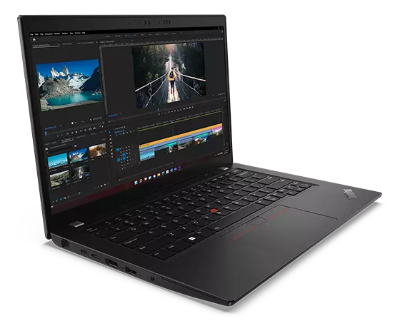 Lenovo ThinkPad L14 Gen 4 (14” Intel) laptop—front-left view, lid open, with mountain and bridge images on the display