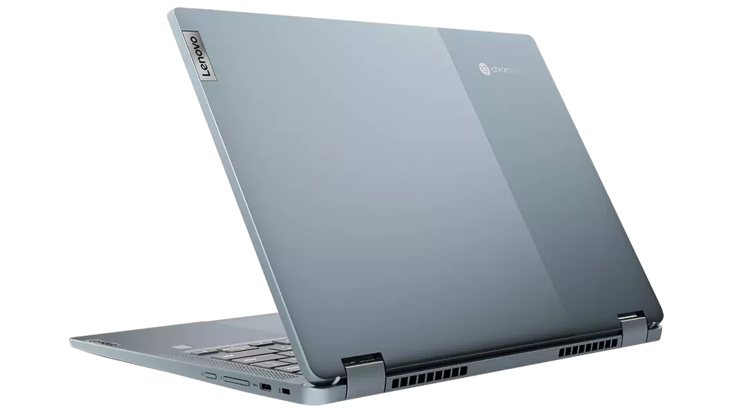 Chromebook IdeaPad Flex 5i di settima generazione ( 14''Intel): vista posteriore di ¾ da destra, modalità notebook, parzialmente aperto