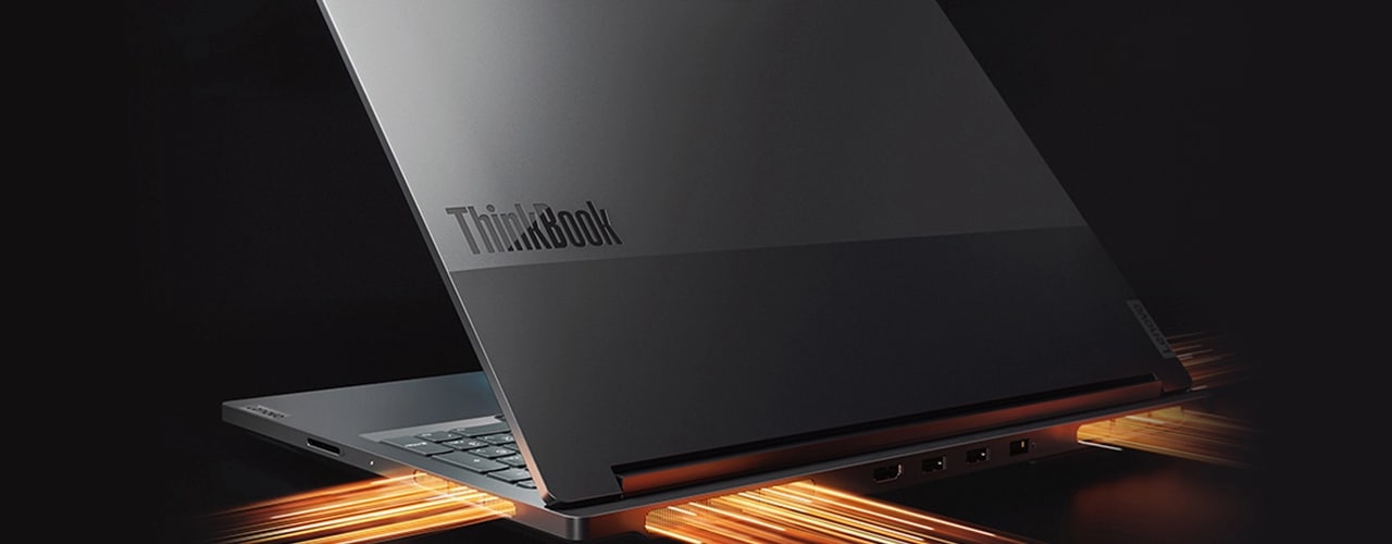Rear view of the Lenovo ThinkBook 16p Gen 4 laptop partly open, showing dual-tone top cover.