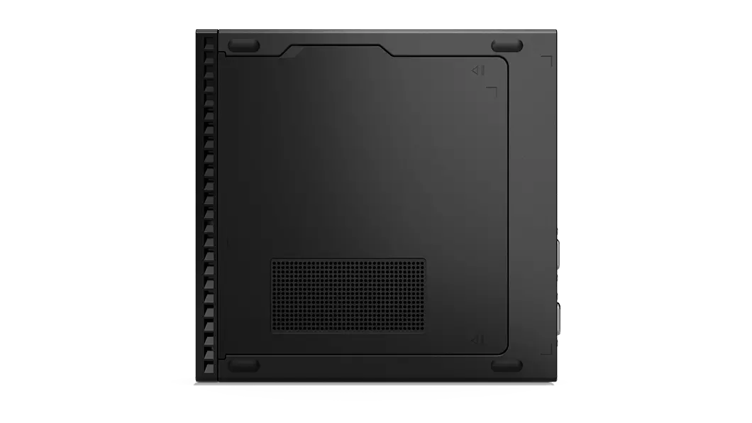 Bottom side of the Lenovo ThinkCentre M90q Gen 2 tiny desktop showing feet and vents.