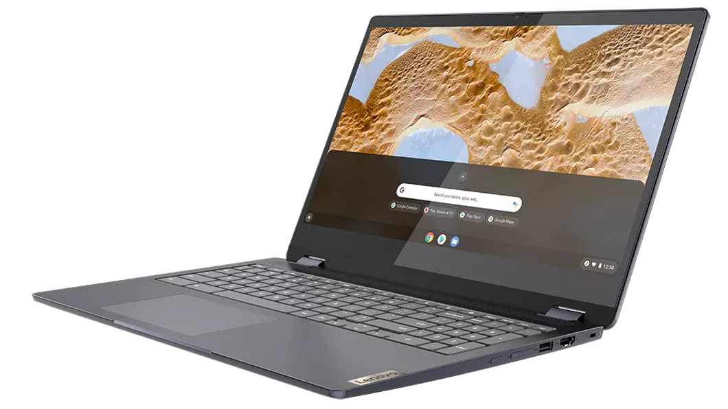 Arctic Grey -värinen IdeaPad Flex 3i Chromebook käännettynä vasemmalle, edestä kuvattuna