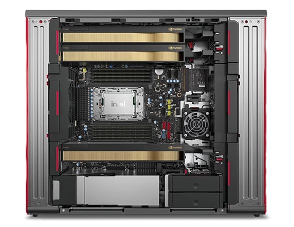 Aerial view of Lenovo ThinkStation P7 workstation with left-side panel removed, showing internal components