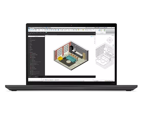 Draagbaar workstation ThinkPad P14s Gen 4 (14&quot; Intel): close-up vooraanzicht, klep open, met design studio-app op het scherm