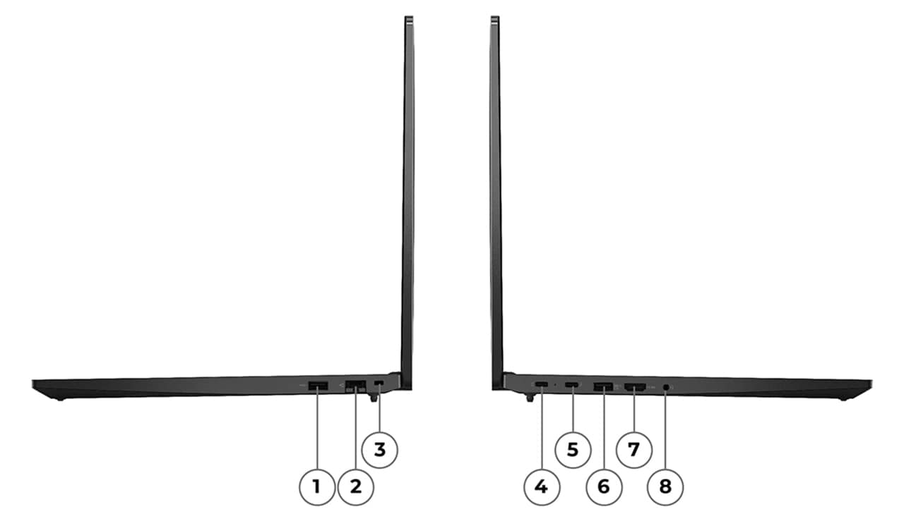 Two Lenovo ThinkPad E16 (16″ Intel) laptops – right and left side views, lids open, back to back, with ports and slots numbered for identification