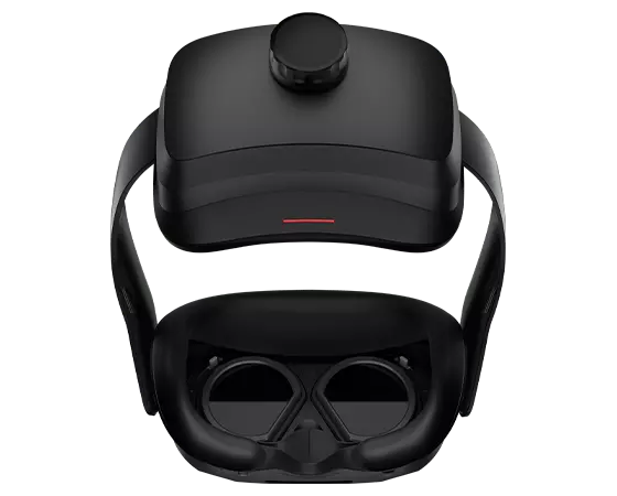 Vue arrière du casque ThinkReality VRX de Lenovo inclinée pour que vous puissiez voir les lentilles intérieures avant et l’arrière du casque