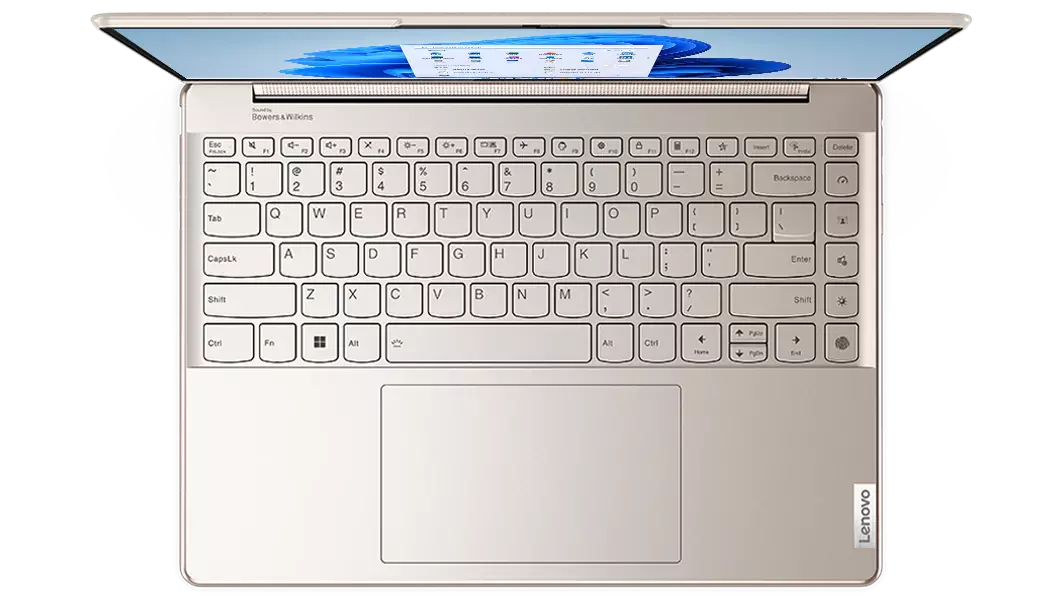 Yoga 9i Gen 7 in der Farbe „Oatmeal“, im Notebook-Modus, Ansicht von oben auf die Tastatur