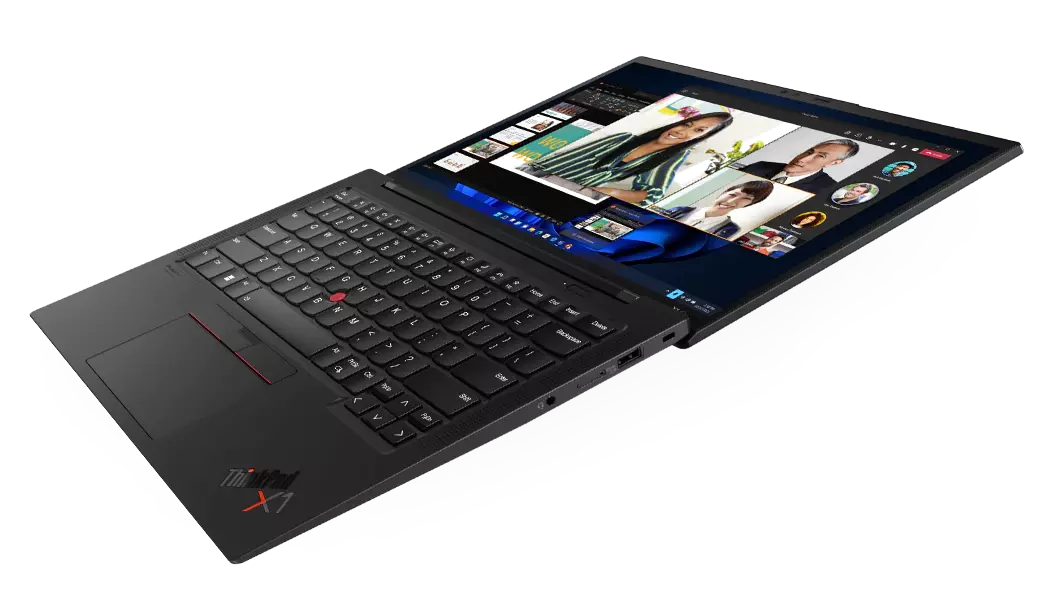 Lenovo ThinkPad X1 Carbon Gen 10 laptop open 180 degrees, angled to show right-side ports.