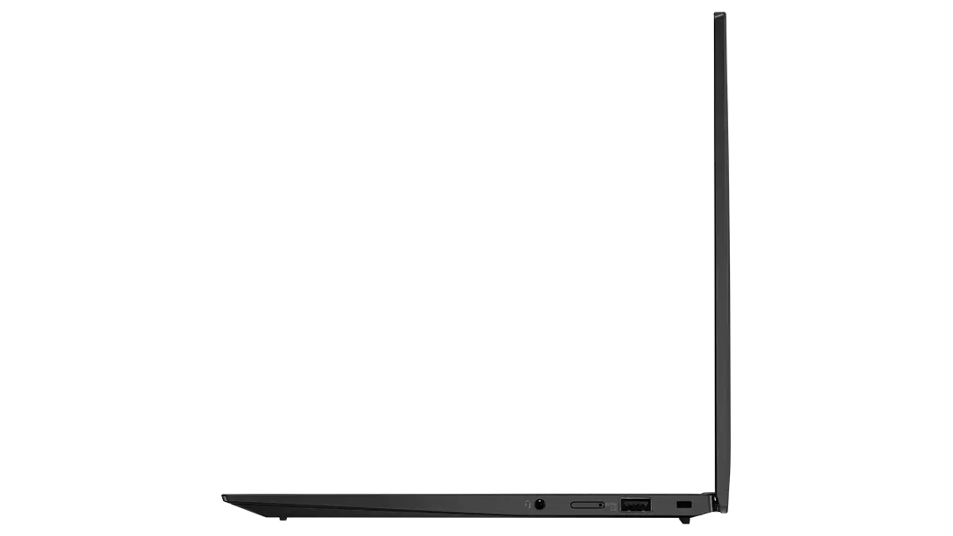 Perfil del lado derecho del portátil Lenovo ThinkPad X1 Carbon de 10.ª generación abierto en un ángulo de 90 grados.