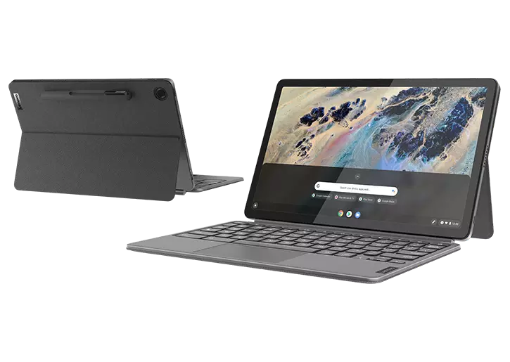 Deux Chromebooks Duet Lenovo Education Edition 2-en-1 dos à dos, montrant le clavier amovible, l’écran et le socle