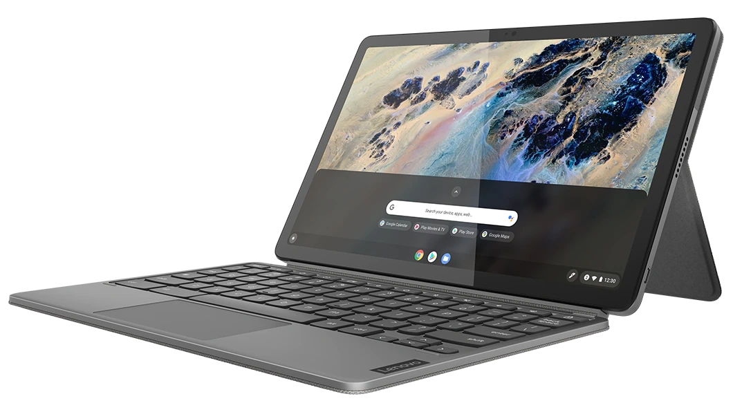 Right-side-facing Lenovo Duet Chromebook Education Edition 2-in-1 Chromebook, showing detachable keyboard & display