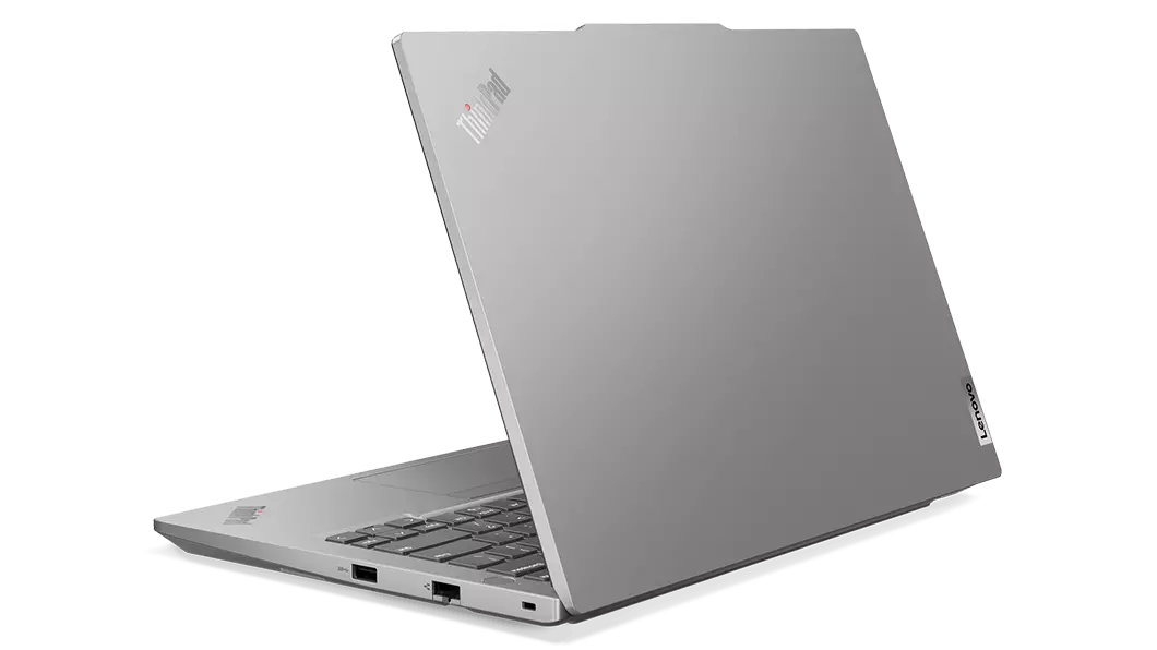 Lenovo ThinkPad E14 Gen 5 (14" AMD) Notebook in Arctic Grey – Rückansicht von rechts mit teilweise geöffnetem Deckel