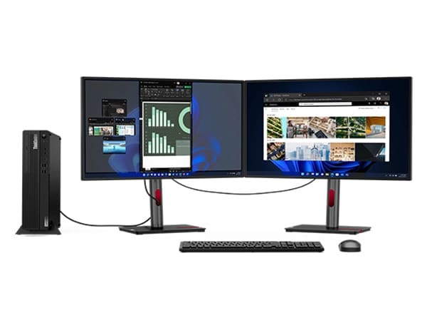 Lenovo ThinkCentre M70s Gen 4 (Intel) SFF desktop PC – front view with two monitors, wireless keyboard, and wireless mouse (accessories not included)