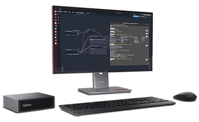 Lenovo ThinkStation PGX 配備顯示器、無線鍵盤和滑鼠，以卓越速度和效率處理複雜的 AI 任務和大型資料集。