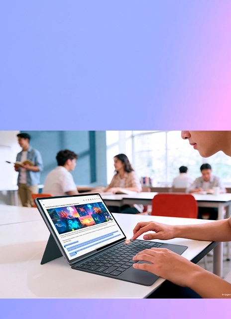 A student in a classroom setting types on the Lenovo Idea Tab Pro Gen 2 Tablet.